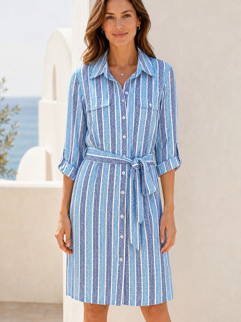 J. Mclaughlin Greek Key Belted Shirt Dress L Blue White Coastal Resort Preppy